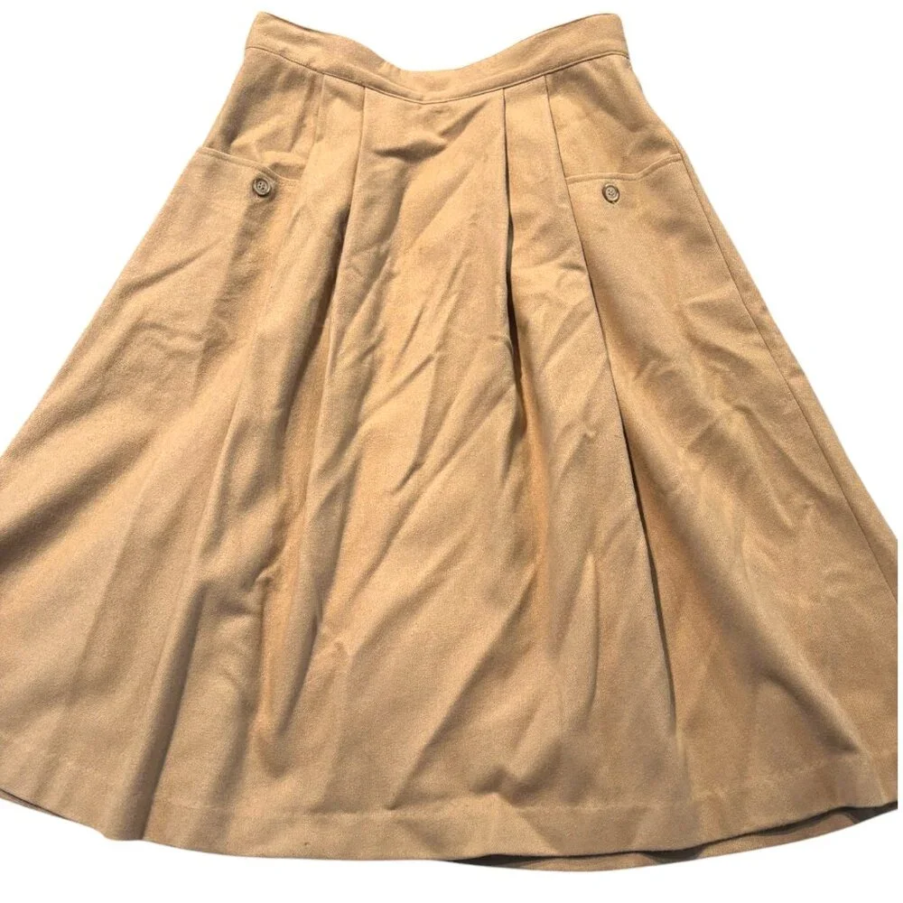 Vintage 70s Women's Size 7/8 tan Wool A-Line Pleat Front Midi Skirt with Pockets